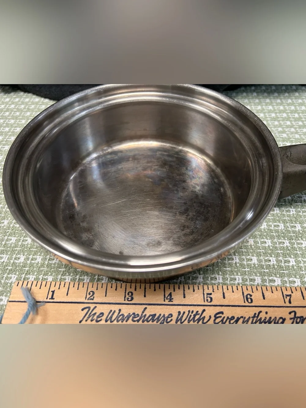 Lustre Craft stainless 7” pan w/fitted lid, black handle w hanging ring. Heavy!